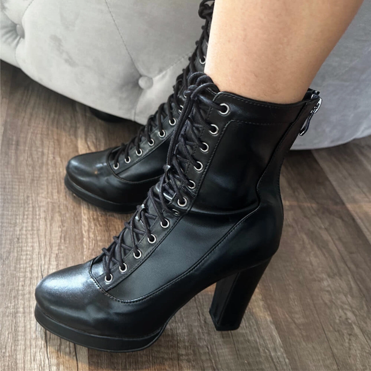 Aadijay Latin Dance Shoes - Black Vegan Leather Lace Up Platform Boot (Rubber Sole). Premium Heels Iconic Comfort