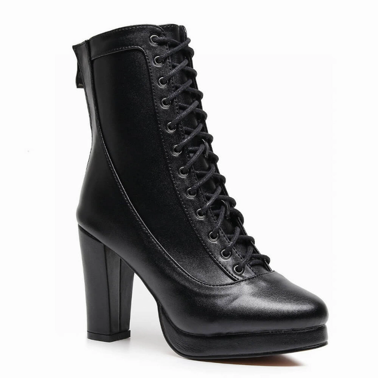 Aadijay Latin Dance Shoes - Black Vegan Leather Lace Up Platform Boot (Rubber Sole). Classy Boots