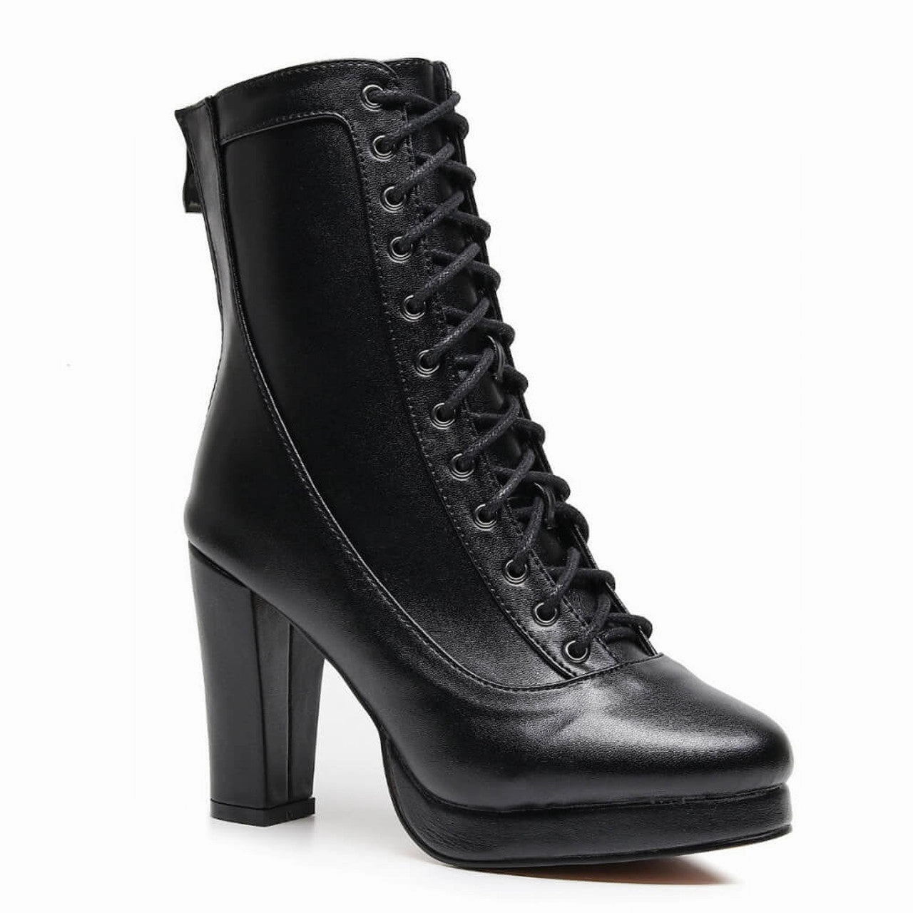 Aadijay Latin Dance Shoes - Black Vegan Leather Lace Up Platform Boot (Rubber Sole). Sweat Resistant