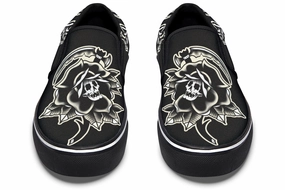Red Glow Polish Look Black Rose Scythe Skull Slip On Shoes