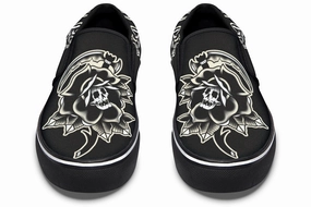 Red Glow Polish Look Black Rose Scythe Skull Slip On Shoes