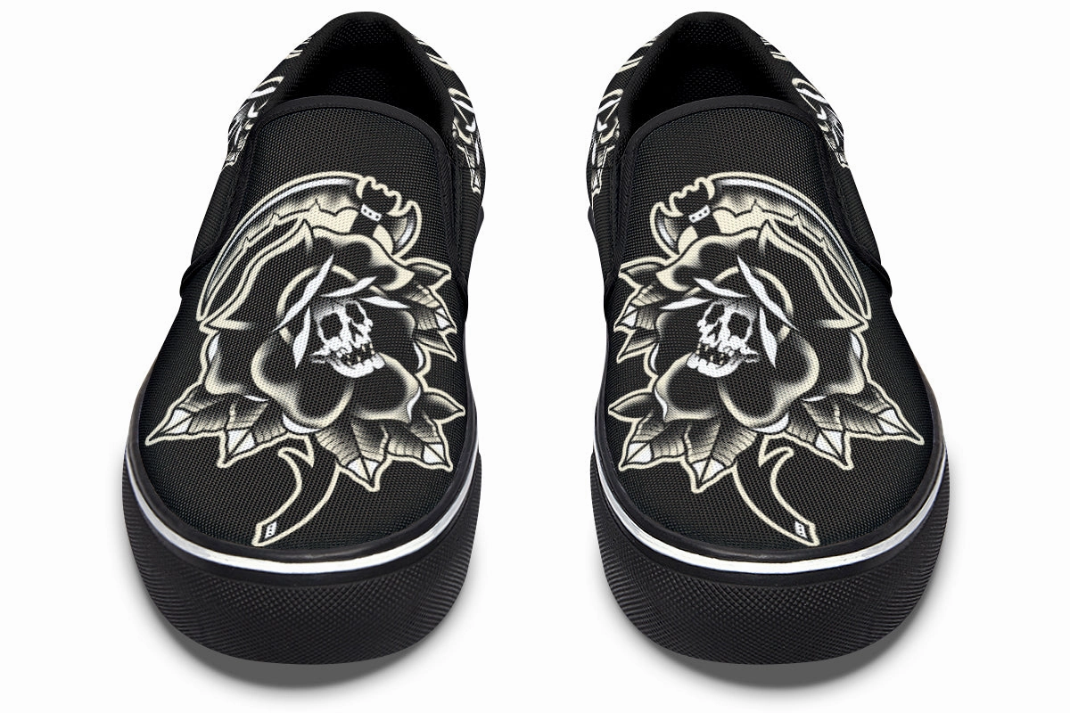 Red Glow Polish Look Black Rose Scythe Skull Slip On Shoes