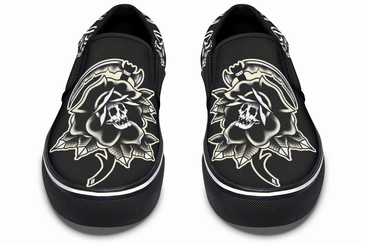 Black Rose Scythe Skull Slip On Shoes Neutral Glow