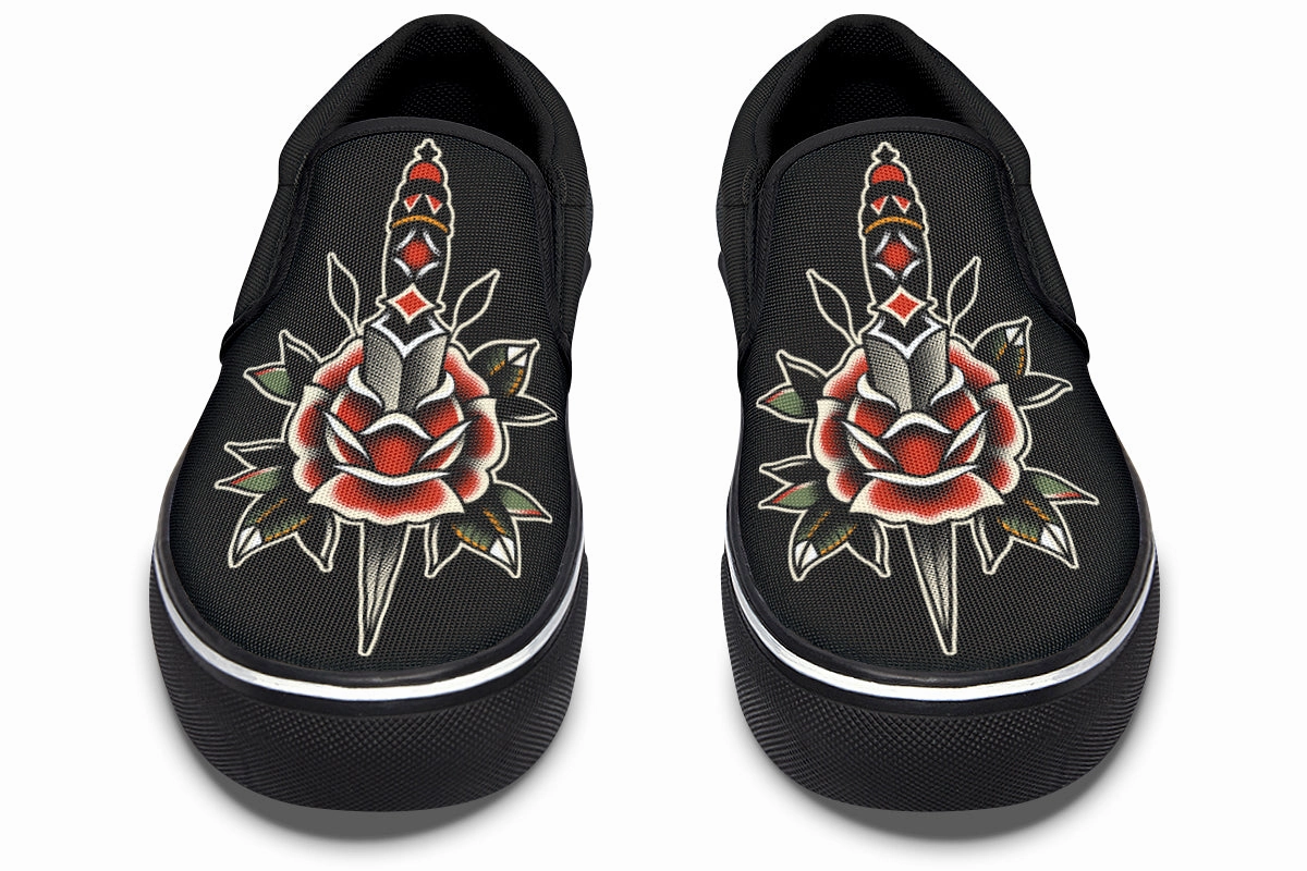 Dagger Rose Slip On Shoes Metal Edge Step Tall