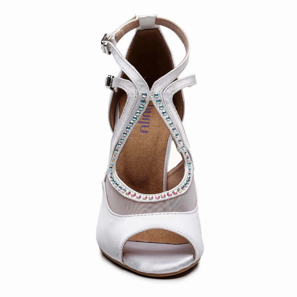 Brittanee - Satin Crystal Stiletto Peep Toe Latin Dance Shoes (Street Sole) Luxury Guard Urban Charm