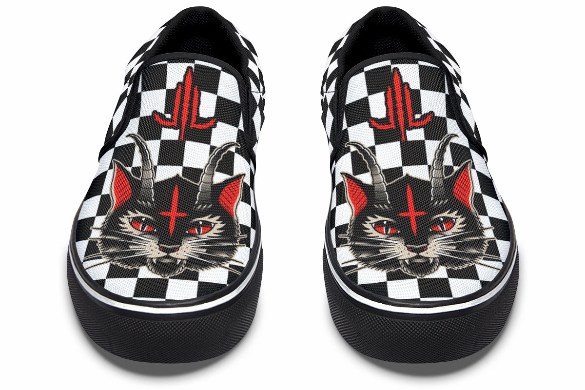 Cat Demon Checkered Slip On Shoes Earth Tone Injury Safe