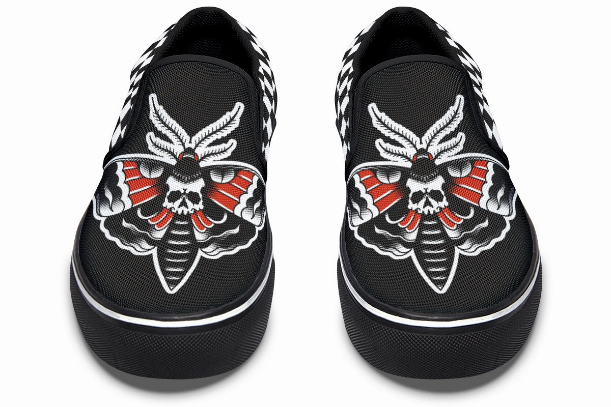 Checkered Death Moth Slip On Shoes Synthetic Upper