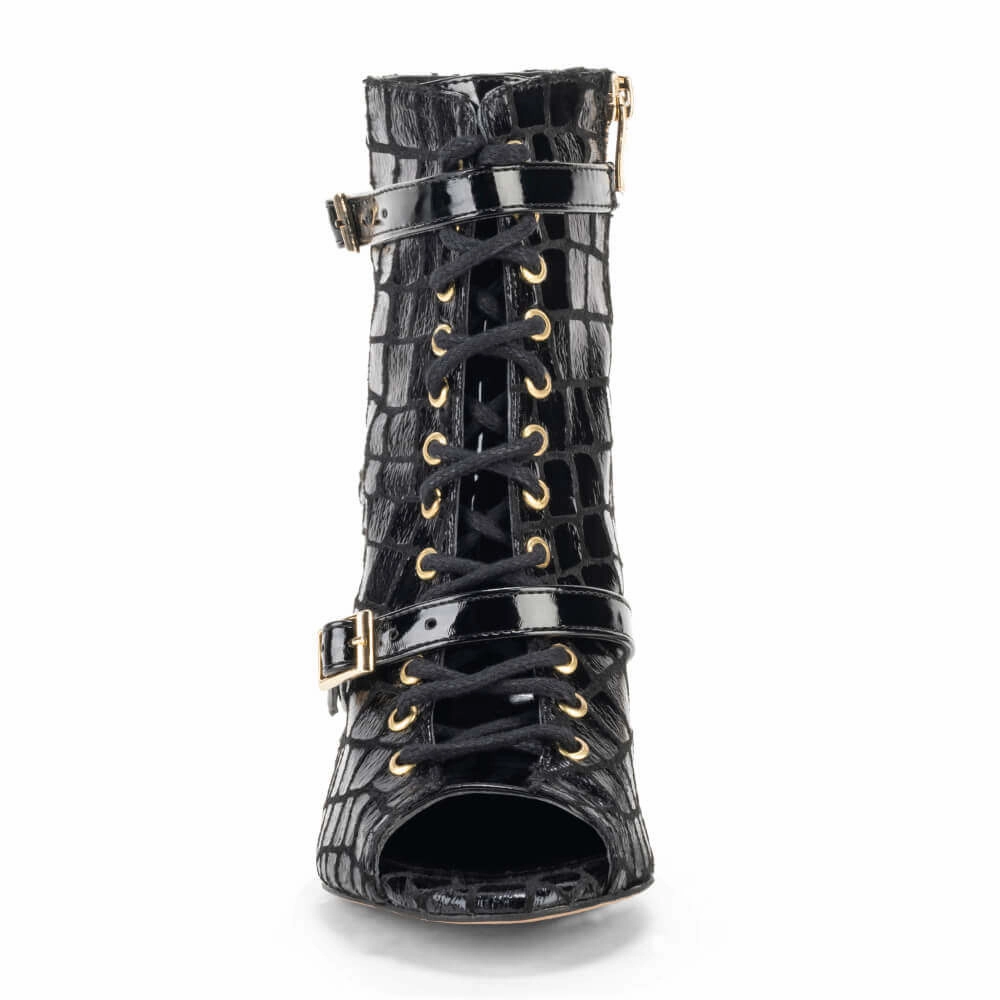 Kylie - Black Faux Crocodile Dance Booties (Street Sole) Elegant Sandals Soft Touch