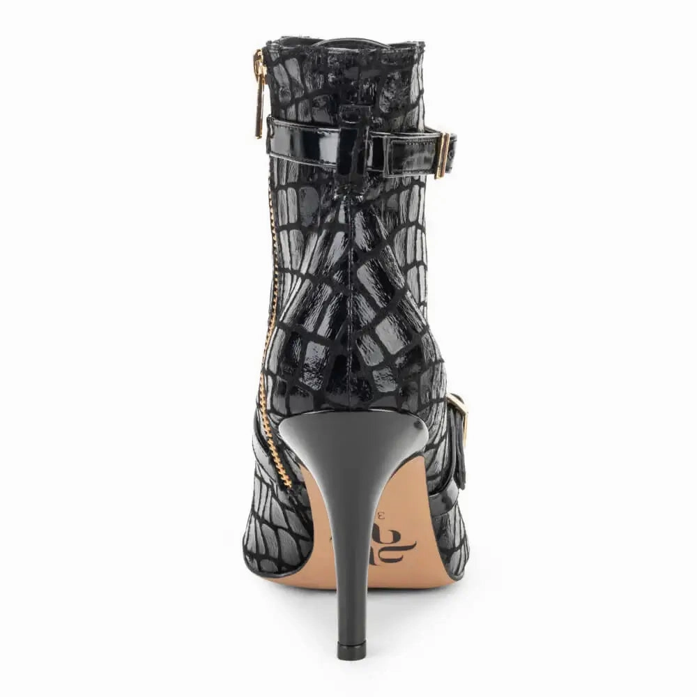 Kylie - Black Faux Crocodile Dance Booties (Street Sole) On Point