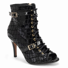 Kylie - Black Faux Crocodile Dance Booties (Street Sole) Office Appropriate