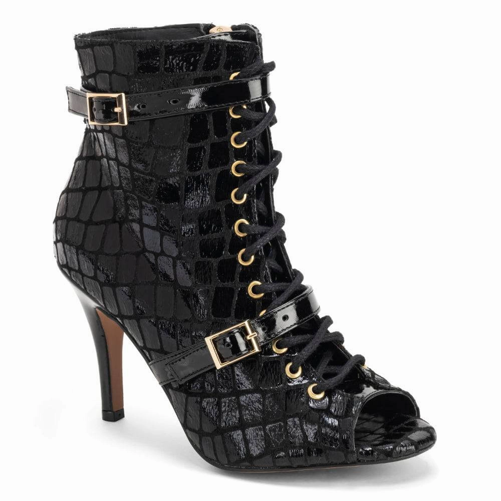 Kylie - Black Faux Crocodile Dance Booties (Street Sole) Office Appropriate