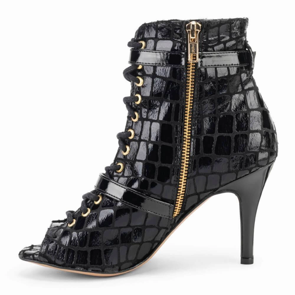 Kylie - Black Faux Crocodile Dance Booties (Street Sole) Light Spark