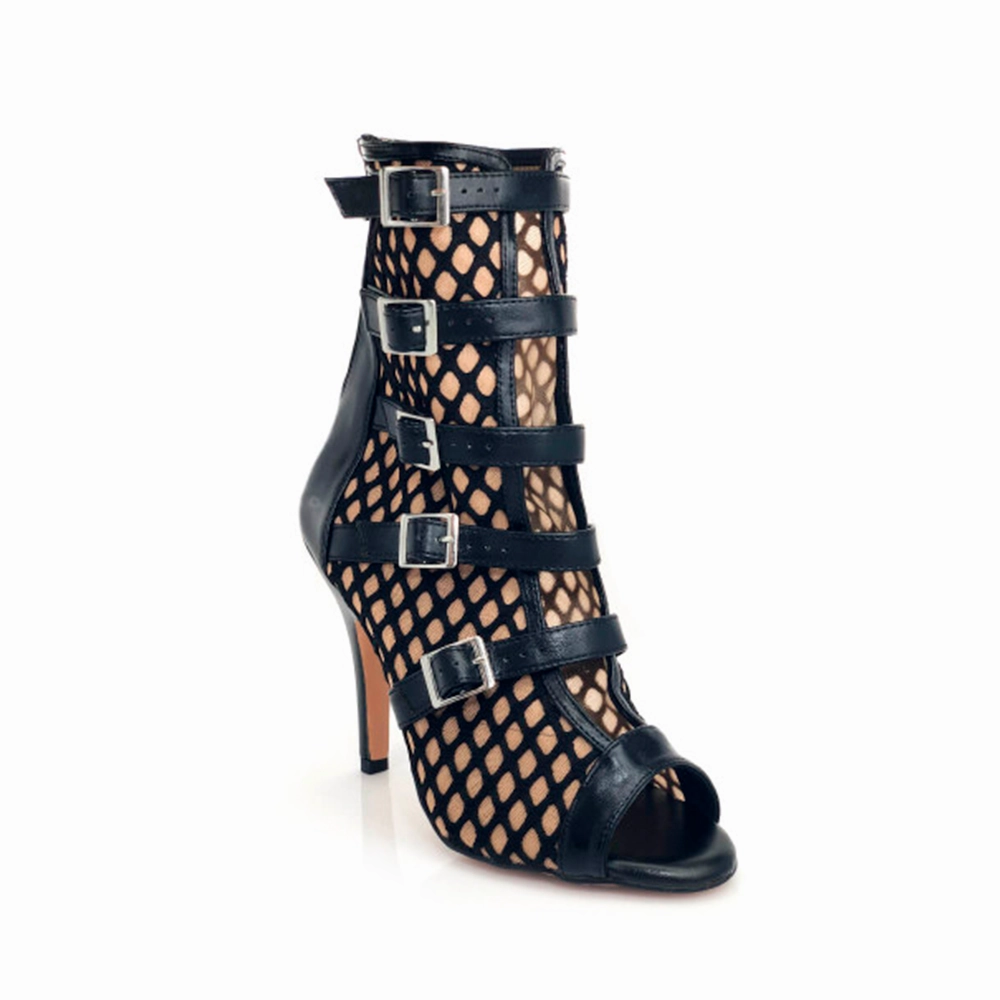 Riley - Fishnet with Buckle Straps Latin Dance Boots (Street Sole) Dual Density Outsoles Tread Pattern Optimization