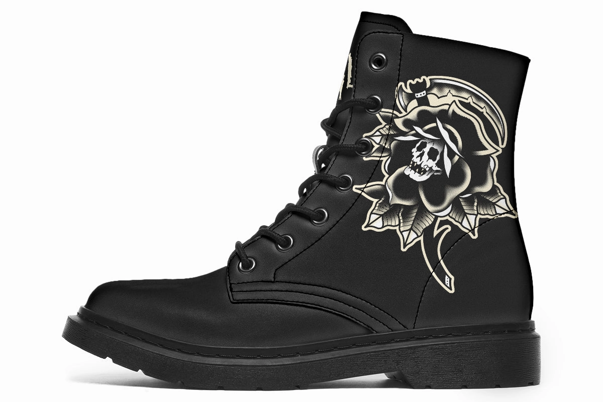 Comfort Heel Black Rose Scythe Skull Boots