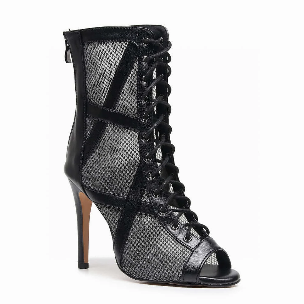 Avant Mood Xiomara - Vegan Leather and Mesh Cross Design Lace Up Latin Dance Booties (Street Sole)