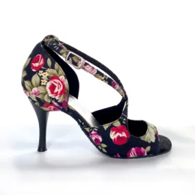 Florencia - Flowers over Black.  3.5" Heel High Arch Bold Neon