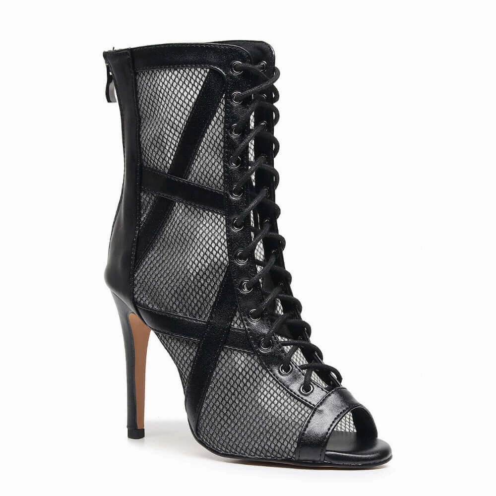Xiomara - Vegan Leather and Mesh Cross Design Lace Up Latin Dance Booties (Street Sole) Slip Free High Top