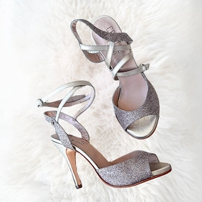 Luxury Touch Rubi - Italian Glitter Gold Double Ankle Strap Leather Tango Dance Shoes (Leather Sole)