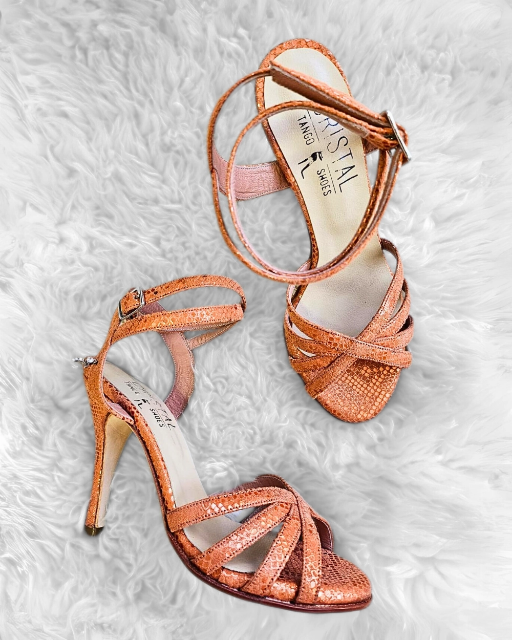 Work Ready Runway Glow Diamante - Orange Snake Leather Tango Dance Shoes (Leather Sole)