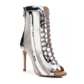 Sierra - Silver Open Toe Lace Up Patent Leather and Mesh Latin Dance Booties (Street Sole) All weather