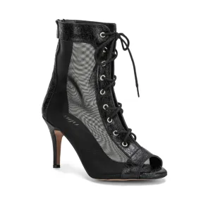 Flexible Movement Savanna - Open Toe Black Mesh Lace Up Dance Booties (Street Sole)