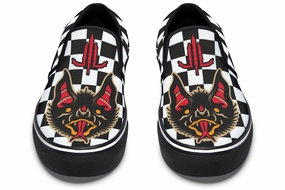 Pearl Shine Vampire Bats Checkered Slip On Shoes