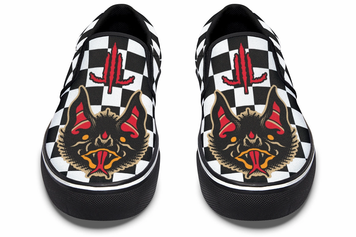 photo shoot Greek Ease Vampire Bats Checkered Slip On Shoes