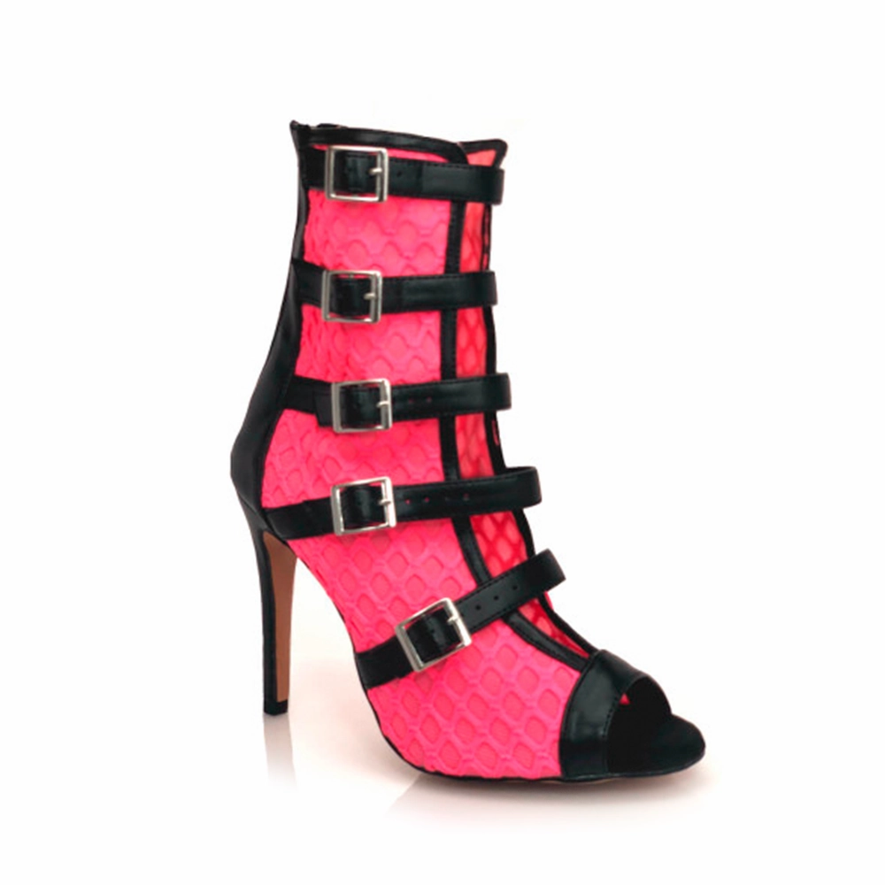 Cushion Heel Riley - Fishnet with Buckle Straps Latin Dance Boots (Street Sole)
