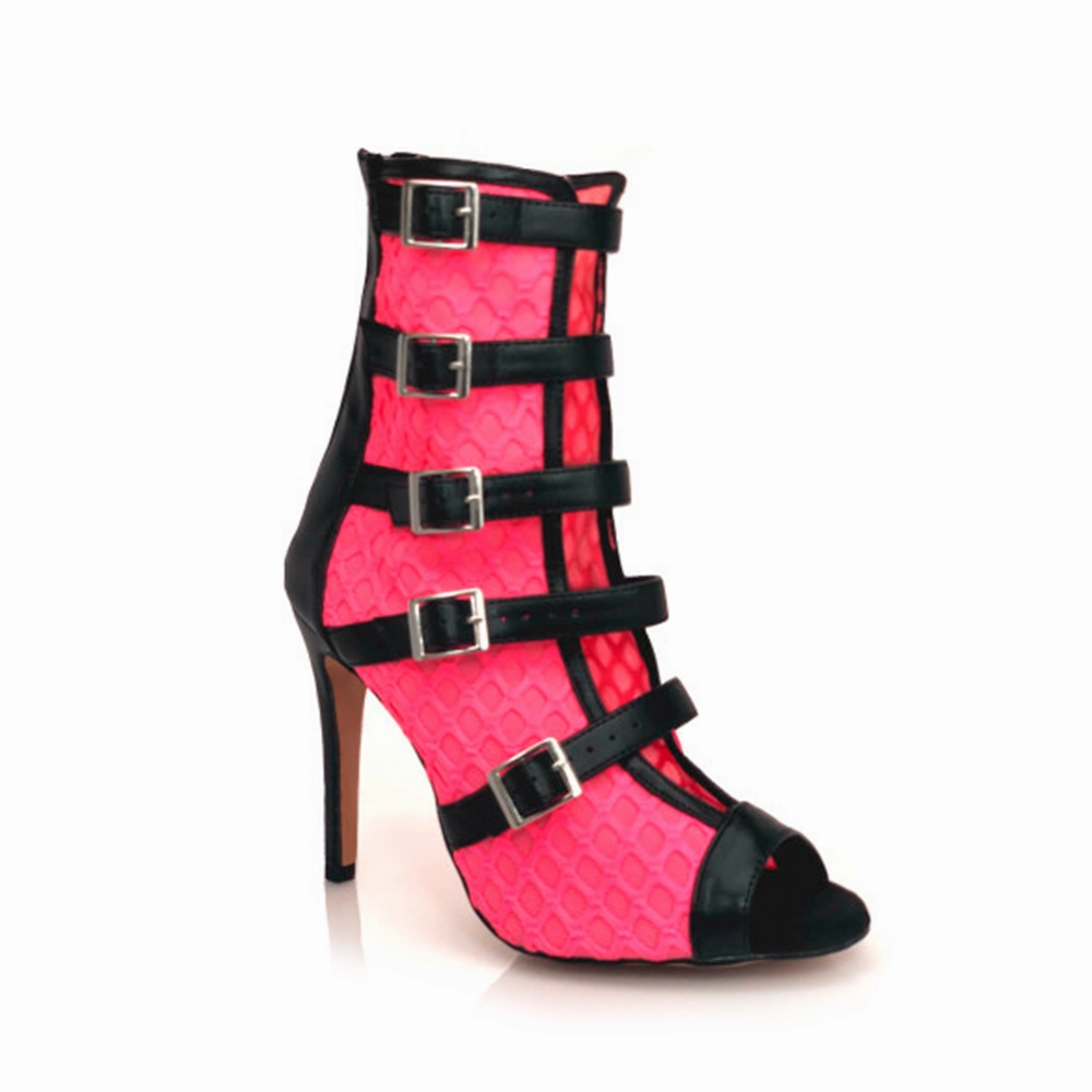 Stylish Comfort Riley - Fishnet with Buckle Straps Latin Dance Boots (Street Sole)