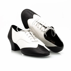 Melody - Black & White Leather 2" Women's Cuban Heel Latin & Ballroom Practice Dance Shoes (Suede Sole) Korean Glow Classy Look
