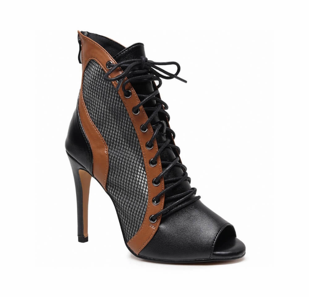 Comfort Heel Luxury Footwear Have Mercy - Tan, Black and Mesh Ankle Dance Bootie (Street Sole)