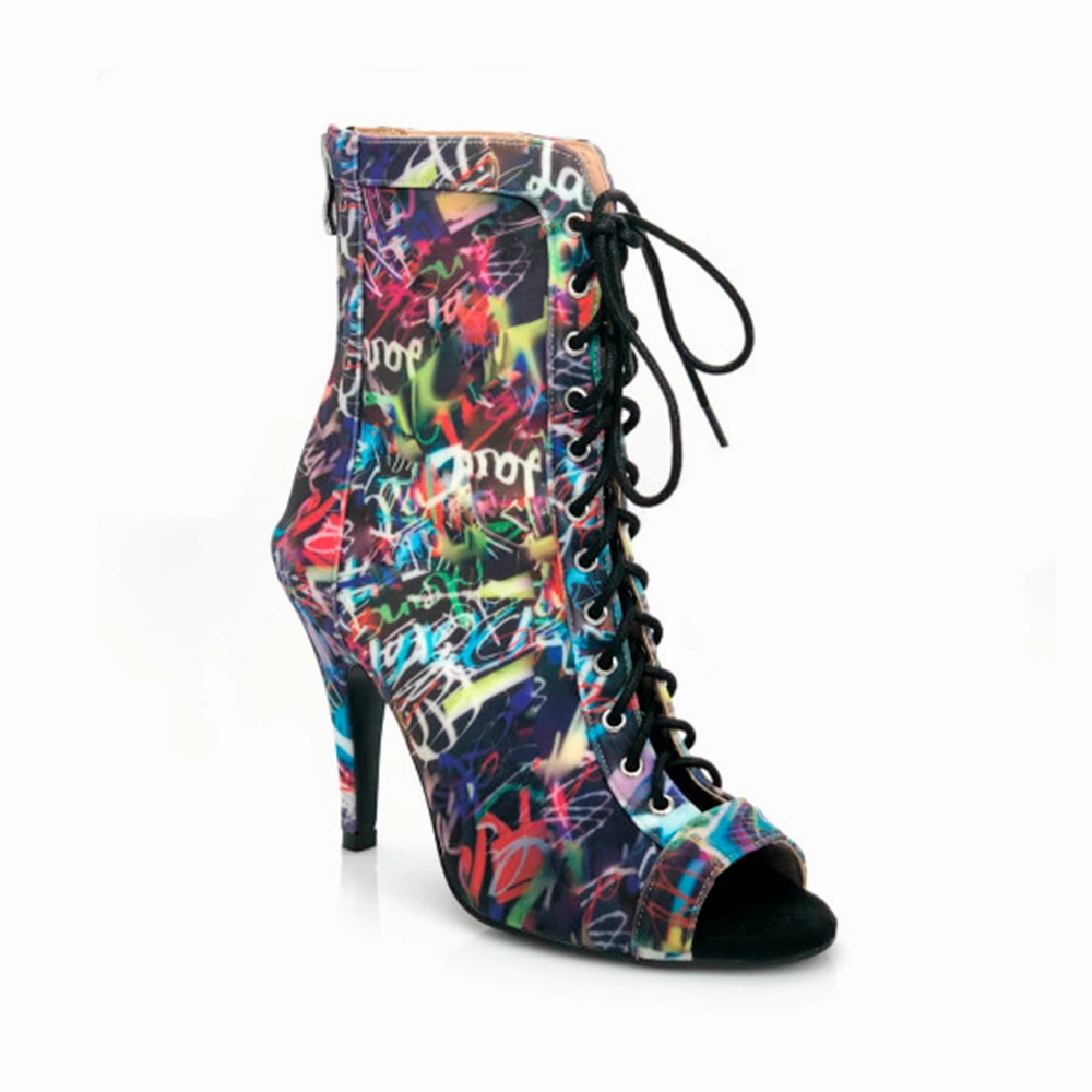 Sierralynn - Graffiti Print Open Toe Lace Up Dance Booties (Street Sole) Mid Top Style Thermal Regulating Liner