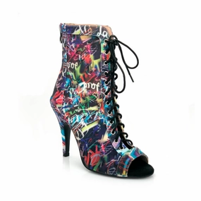Sierralynn - Graffiti Print Open Toe Lace Up Dance Booties (Street Sole) Elegant Shape