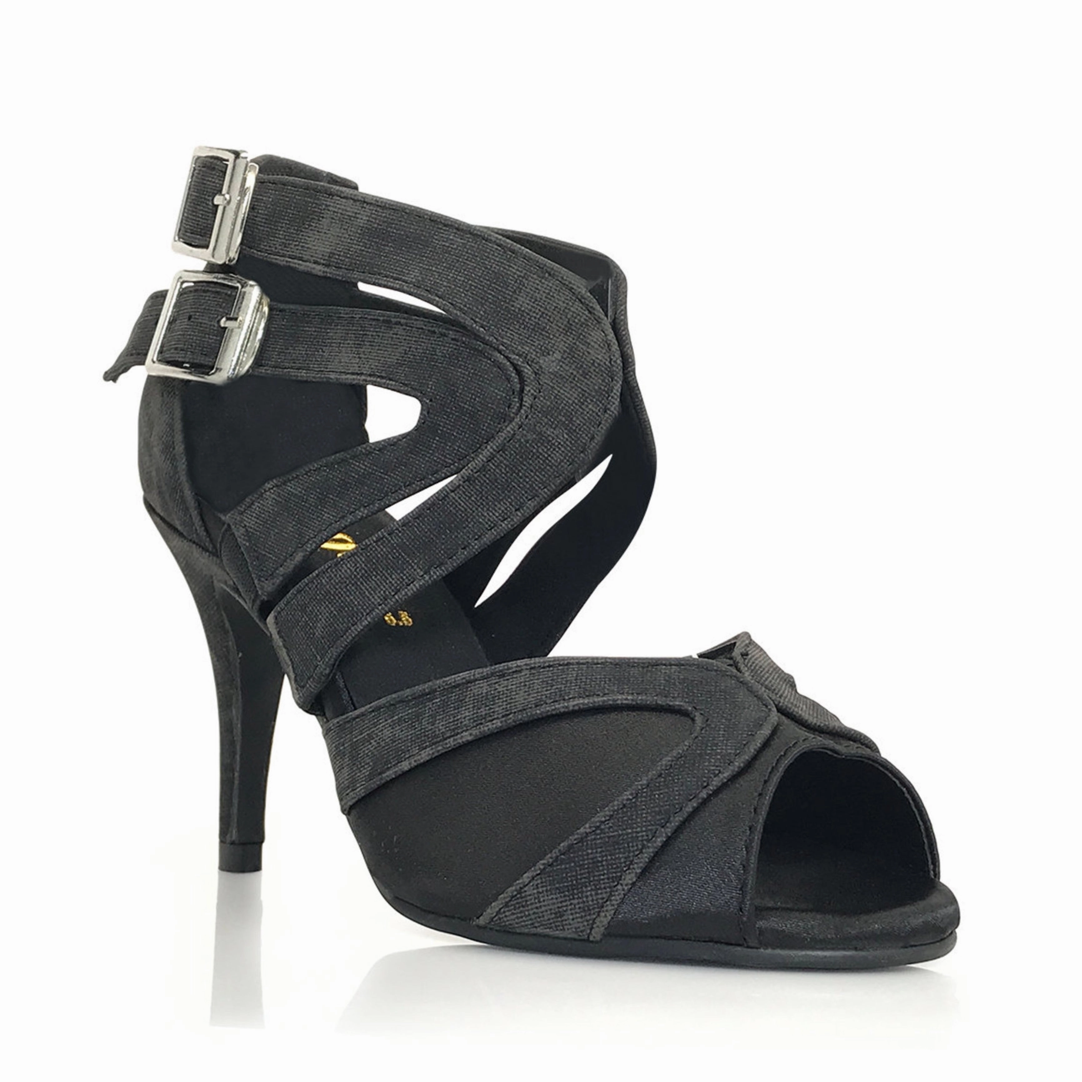Isabel - Black Denim Open Toe Cross Strap Stiletto Latin Dance Shoes (Street Sole) Stand Tall Shape Spark