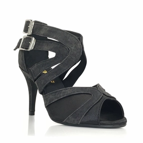 Isabel - Black Denim Open Toe Cross Strap Stiletto Latin Dance Shoes (Street Sole) Stand Tall Shape Spark