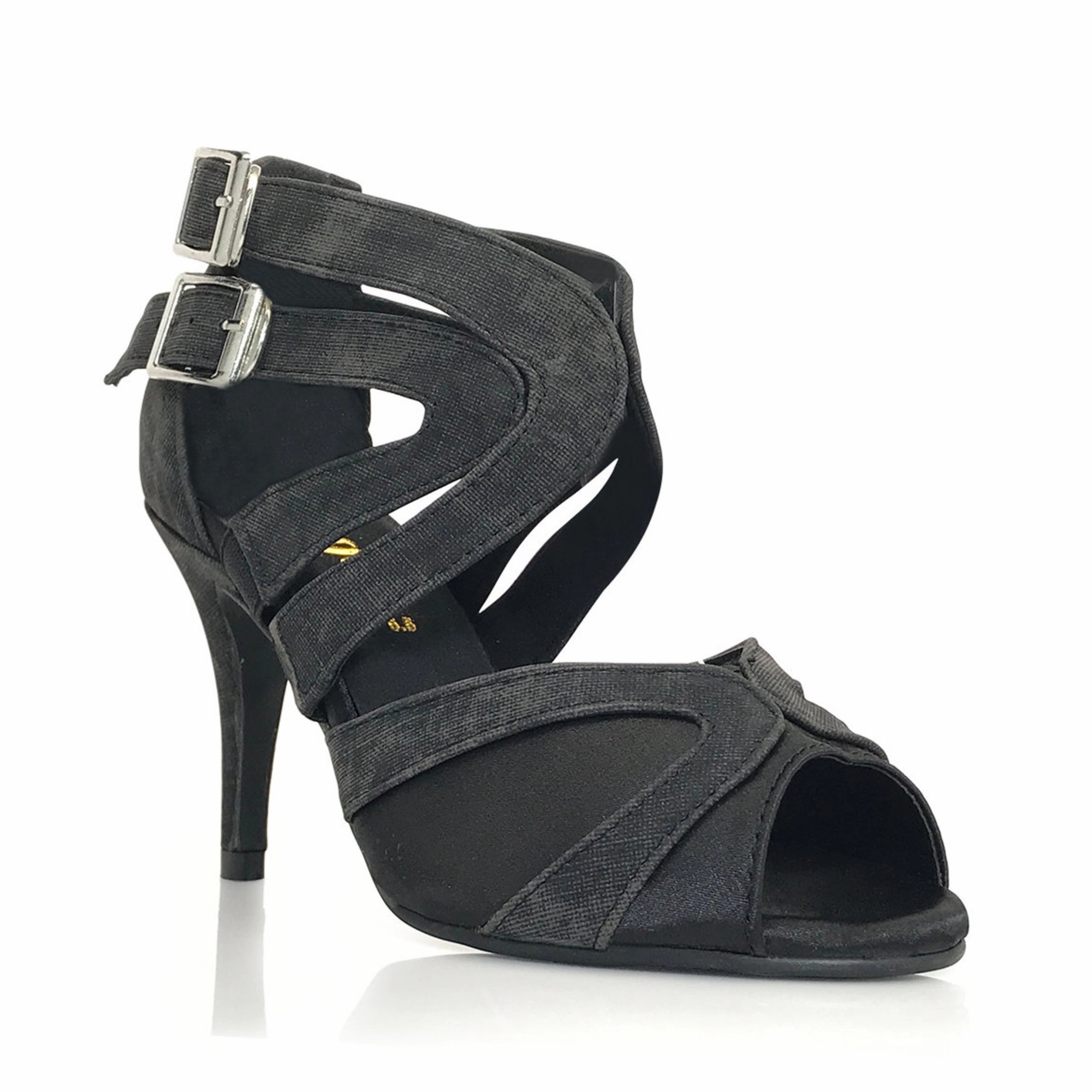 Isabel - Black Denim Open Toe Cross Strap Stiletto Latin Dance Shoes (Street Sole) Stand Tall Shape Spark