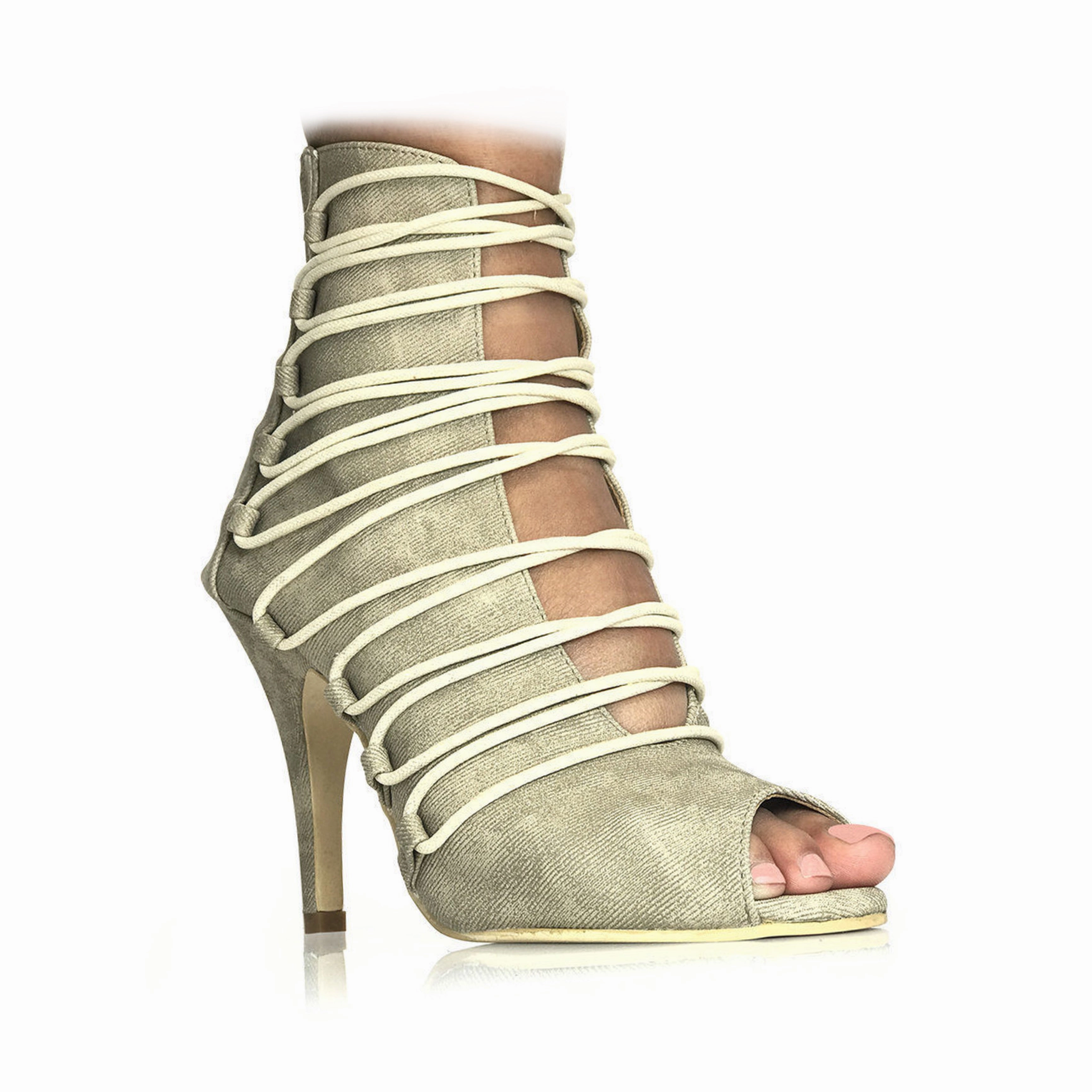 Karla - Denim Fabric Lace Up Latin Dance Booties (Street Sole) Comfort Heel
