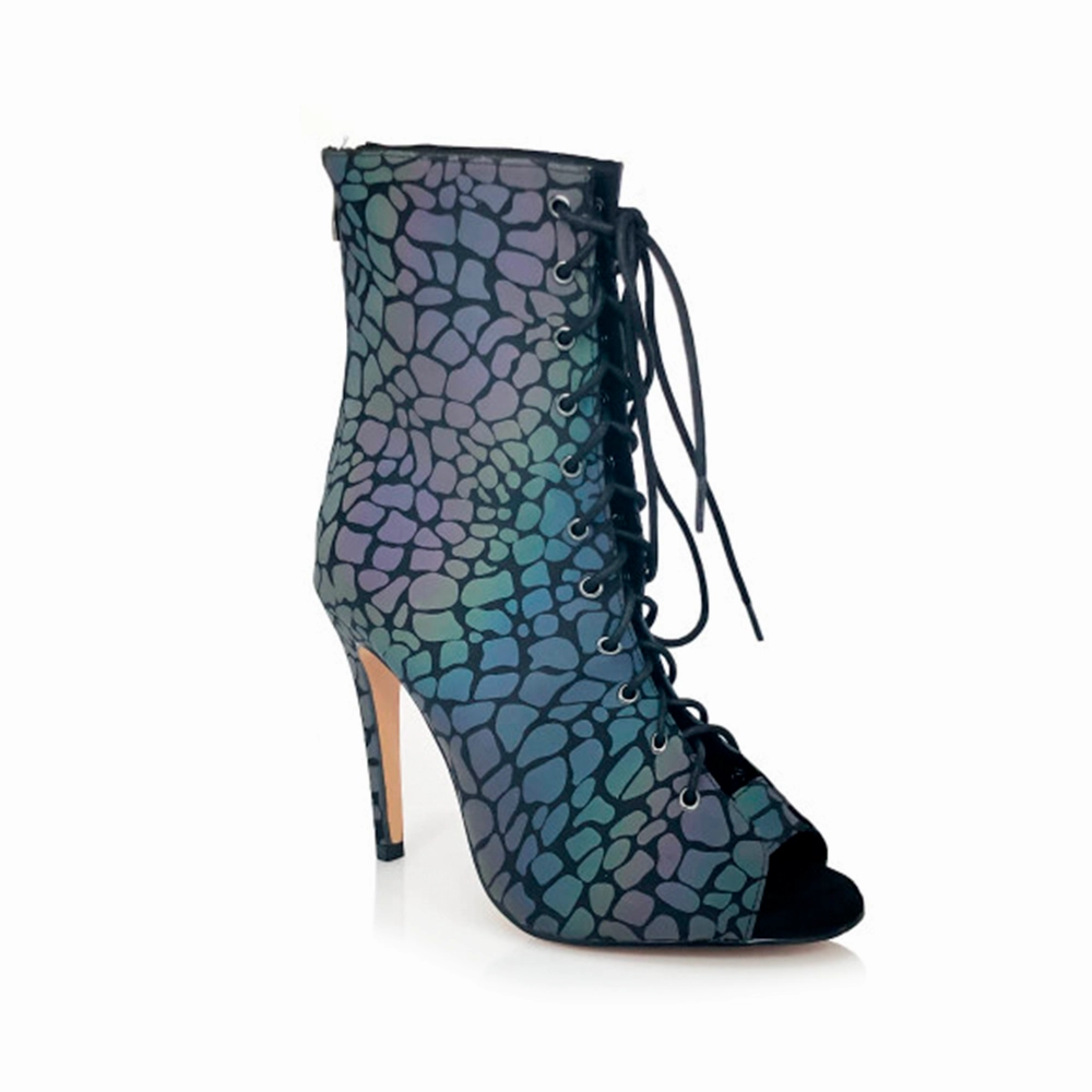 Pointed Heels Easy return Nina - Rainbow Iridescent Reflective Open Toe Latin Dance Booties (Street Sole)