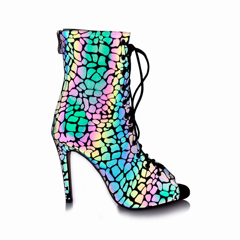Nina - Rainbow Iridescent Reflective Open Toe Latin Dance Booties (Street Sole) Korean Trend Casual Wear