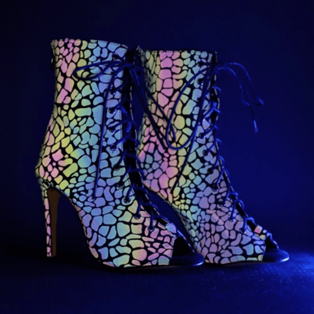 Comfy Dress Shoes Quick Step Nina - Rainbow Iridescent Reflective Open Toe Latin Dance Booties (Street Sole)