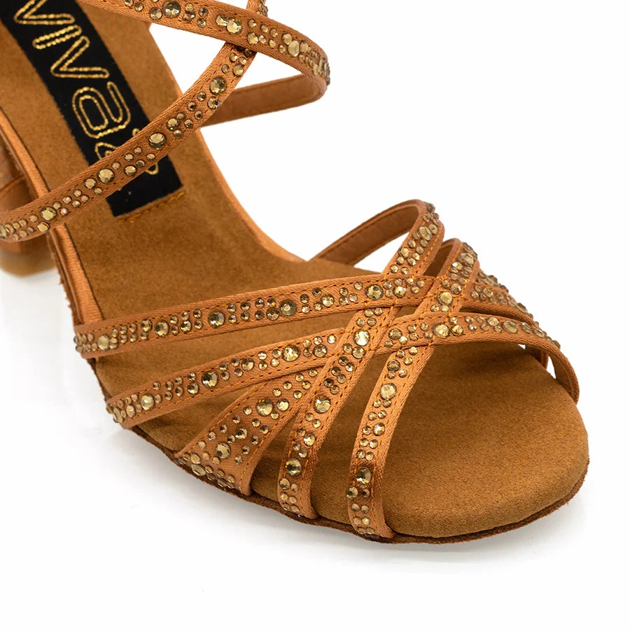 Paris Gold - Tan Gold-Rhinestones 3.5" Latin and Ballroom Dance Shoes Poised Step Italian Flair