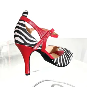 Red B/W Zebra - Red Leather & Satin Zebra Print Tango Shoes Runway Glow