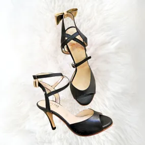 Rubi Coco - Black Leather & Gold Bow Leather Tango Dance Shoes (Leather Sole) Party Mood