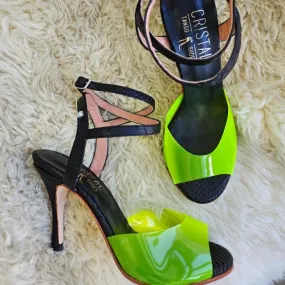 Shock Absorbing Padded Rubi - Neon Green Acrylic and Black Leather Snake Tango Dance Shoes (Leather Sole)