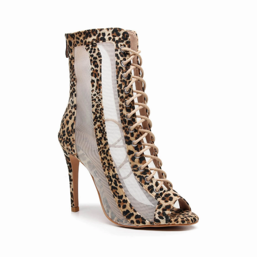 Structured Fit Sierra - Leopard Print Open Toe Lace Up Mesh Dance Latin Dance Booties (Street Sole)