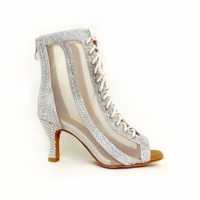 Sierra - Silver Crystals Decorated Latin Dance Booties Bold Design