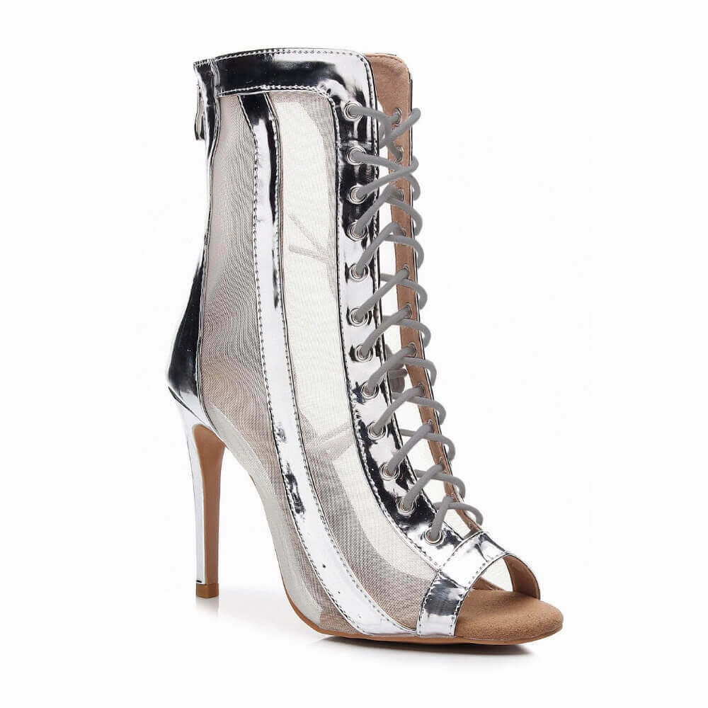 Smart Footwear Sierra - Silver Open Toe Lace Up Patent Leather and Mesh Latin Dance Booties (Street Sole)