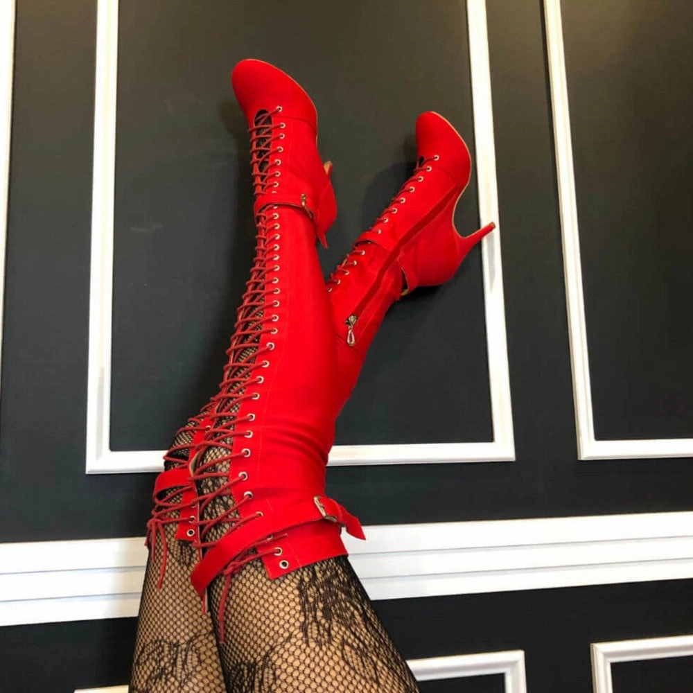 Bounce Back Cushion Running Friendly Leilani - Closed Toe Lace Up Over The Knee High Heel Dance Boots (Street Sole)