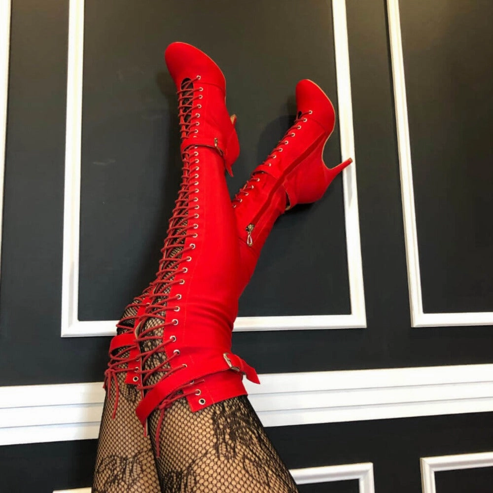 Open Toe Sandals Youth Edge Leilani - Closed Toe Lace Up Over The Knee High Heel Dance Boots (Street Sole)