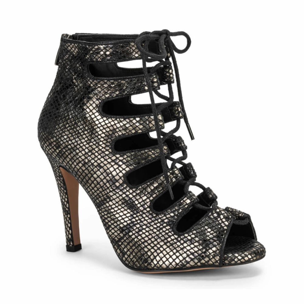 Stand Out Luciana - Lace Up Metallic Black Snake Print Open Toe Bootie (Street Sole)